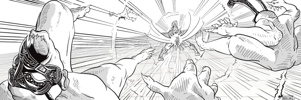 a black and white illustration of an avatar in cyberspace making a sonic boom clap driving away assailants 