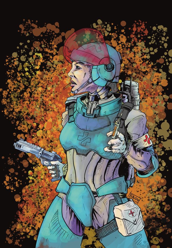 Color illustration of a futuristic woman combat medic