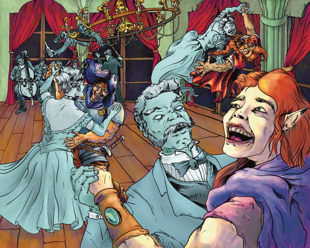 scene from a ttrpg adventure of a victorian ballroom where ghosts are dancing with adventurers 