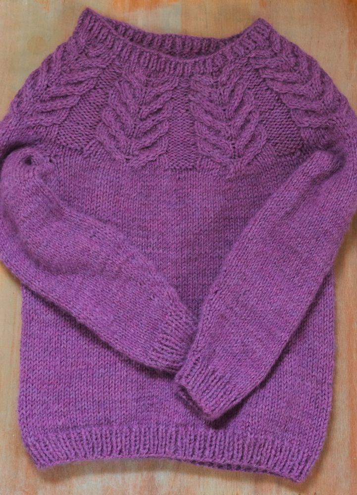 A small purple pullover sweater with cabled yoke