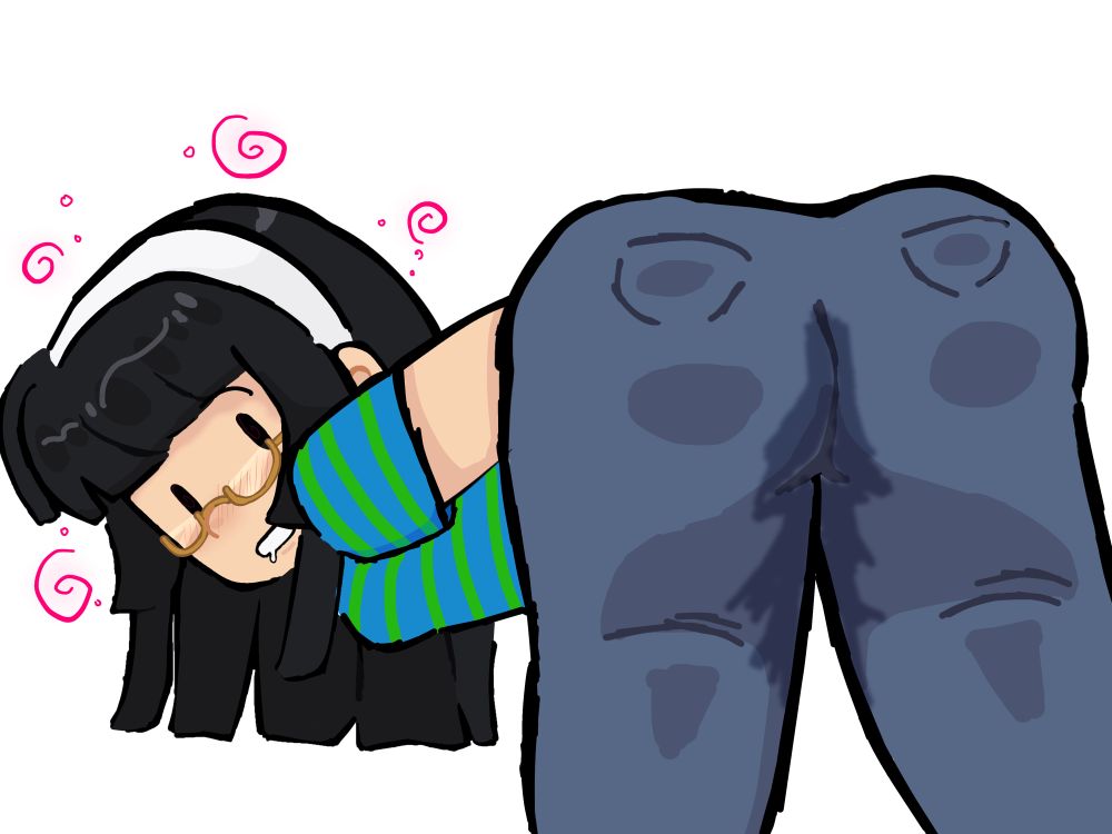 The image depicts a young woman with black hair, gold glasses, and a striped shirt, bending over in a suggestive pose. 

Her jeans appear wet in the crotch area. It could be interpreted as depicting a situation related to urination or other bodily functions. 

Pink spirals around her head suggest lightheadedness. Her teeth are showing with a bit of drool coming out. She looks at the viewer with much attention.