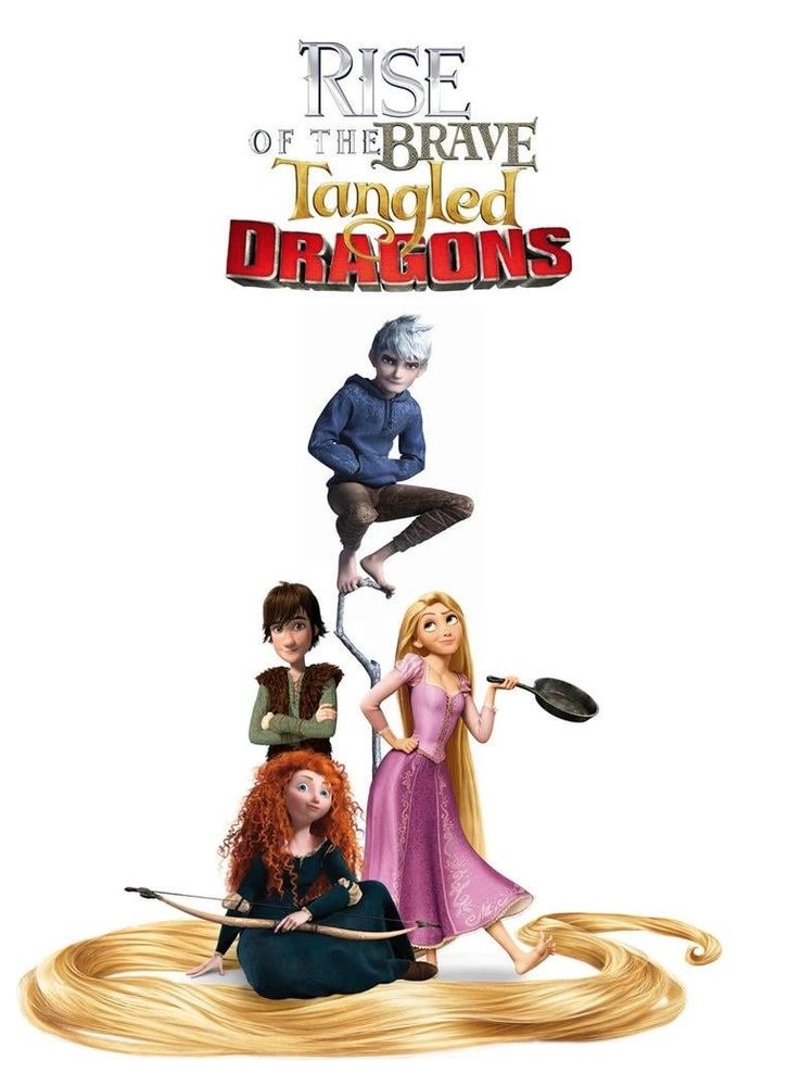A photoshop of four 2010s kids' movie protagonists together: Jack Frost, Hiccup, Rapunzel and Merida. They pose under a shop of their film logos together that reads "Rise of the Brave Tangled Dragons".