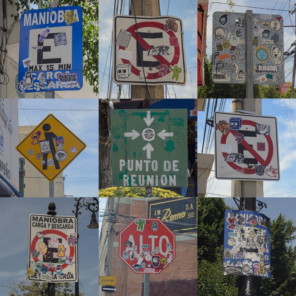 Three by three grid of photos of traffic signs that have been "vandalized" by urban artists. 