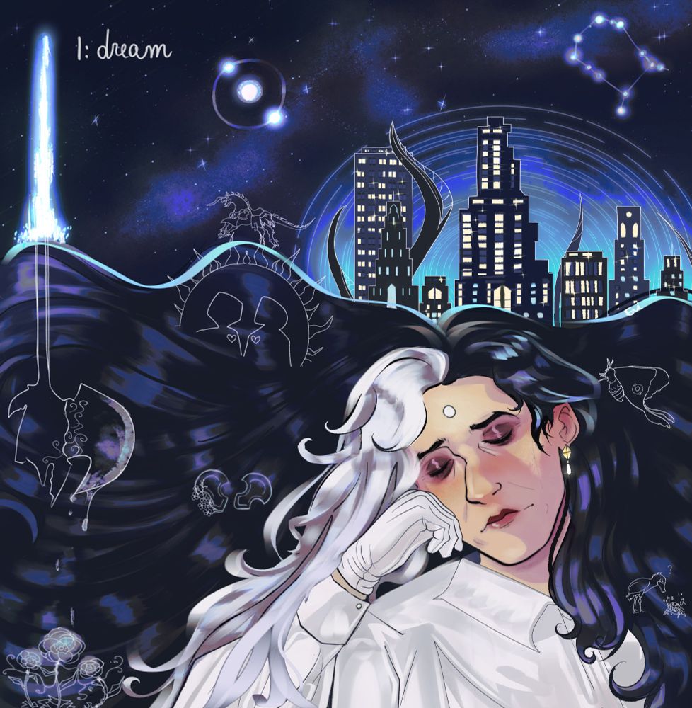 A digital illustration for the prompt “Dream” for Emetwol Week 2025. Using a lot of blues and purples, we can see a slightly younger Emet-Selch wearing the persona of Solus. He has a serene expression on his face, though his brows are slightly furrowed. He has long hair, which flows around him like the currents of a sea. Dressed in a white dress shirt, he appears to be sleeping, with his head resting on his gloved hand. Above him is a starry night sky, with constellations of both Azem’s symbol and his own, as well as the ghostly city of Amaurot, standing tall, shining bright. On the left, the Crystal Tower rises from his hair, glowing. Hidden in and above his hair are various tiny figures in silvery, ghostly white: Grani, galloping on the waves of Emet-Selch’s hair to the Crystal Tower; two hooded figures, looking at each other in a setting sun; two constellation stones, one has a few forget-me-nots growing on it; a moth with Azem’s symbol on it; a shoebill, looking questioningly at a tiny jumping spider; and three Elpis flowers, bound together. From the base of the Crystal Tower erupts the ghostly silhouette of Ardbert’s axe, coated in something white, which drips down onto the Elpis flowers below.