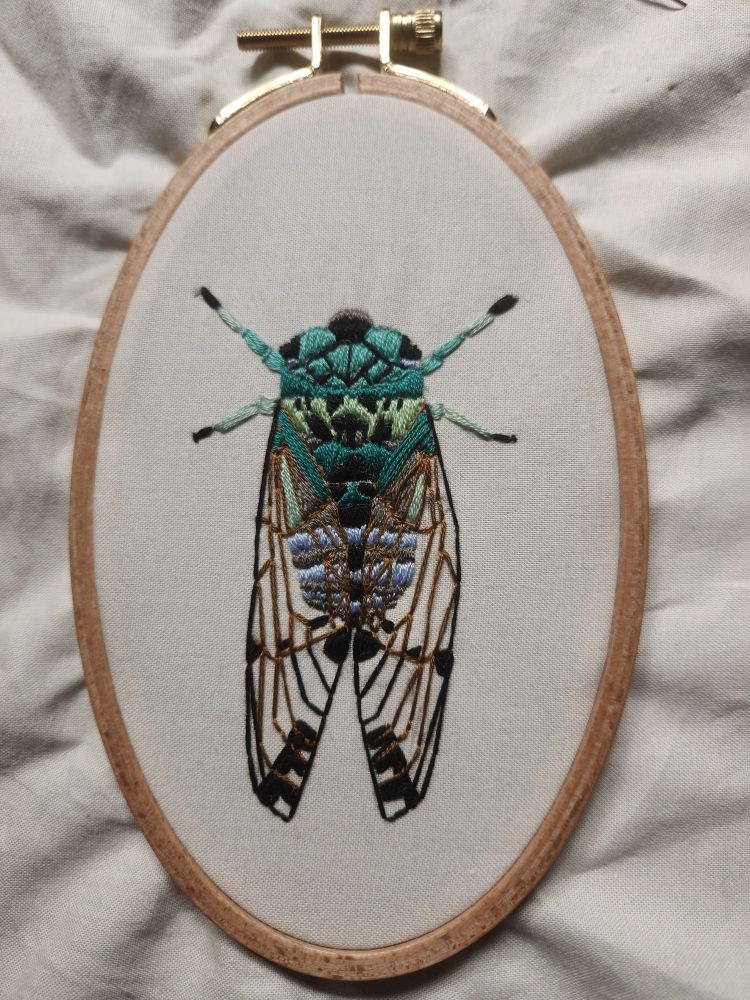An embroidered realistic green cicada, in several shades of green and light blue. Delicate wings are done in straight stitch in brown, and show some veining.  The right wing is a little crooked because the beige fabric wasn't pulled all the way tight during stitches, but overall the cicada looks alright. It's in an oval hoop oriented vertically.