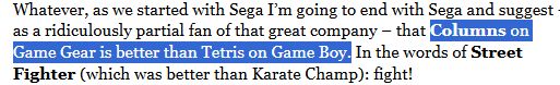 An screengrab of text from The Guardian's weekly video game newsletter. The highlighted text says "Columns on Game Gear is better than Tetris on Game Boy."