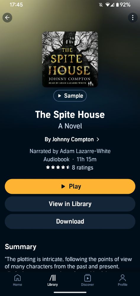 A screenshot of an audiobook's title page: The Spite House, by Johnny Compton.