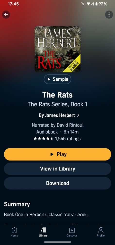 A screenshot of an audiobook's title page: The Rats, by James Herbert.