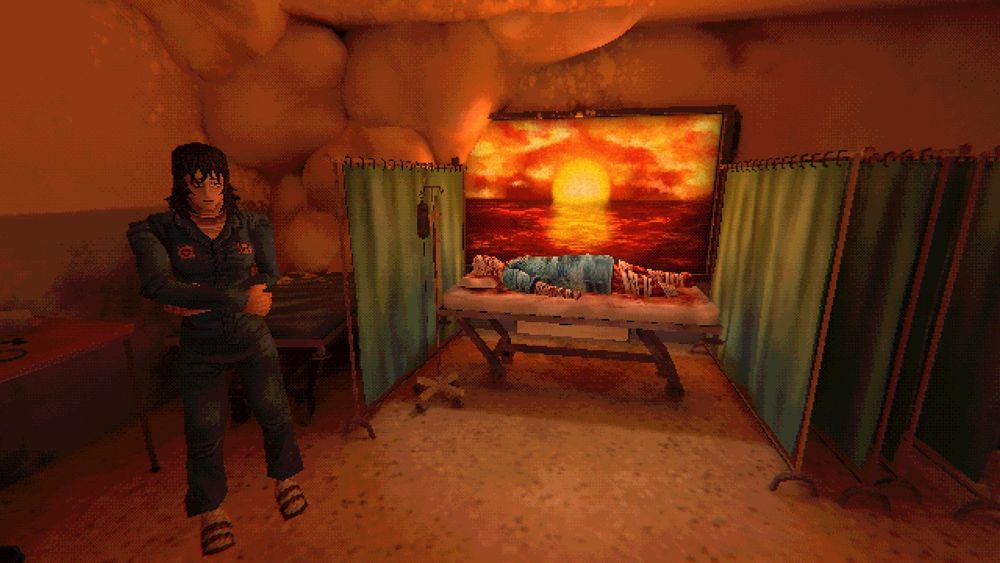 Steamゲーム「Mouthwashing」のスクショ。宇宙船の医務室のベッドに横たわる全身包帯の人物。その後ろのモニターには偽物の夕焼けが映し出されている。ベッドの手前には黒髪のツナギ姿の女性が立っている。