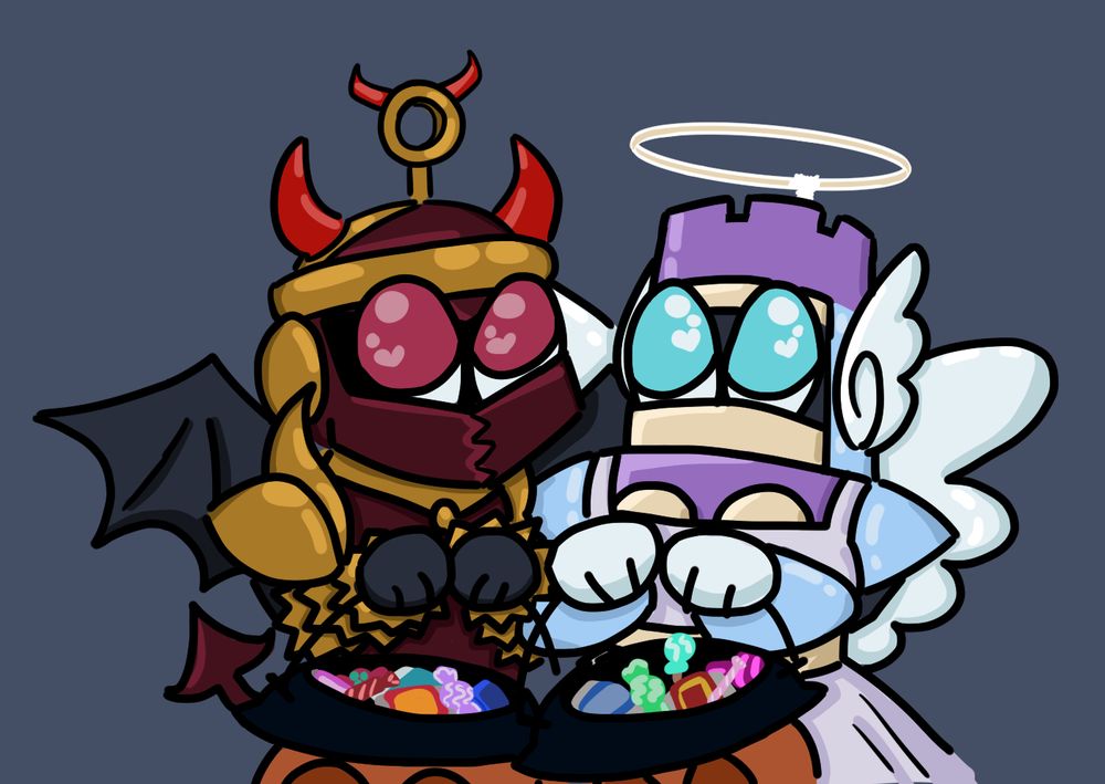 Ringman and Burstman from the Megaman series, dressed up like and devil and angel for halloween. They both have halloween buckets full of candy. They are looking at you and waiting for you to give them a treat!