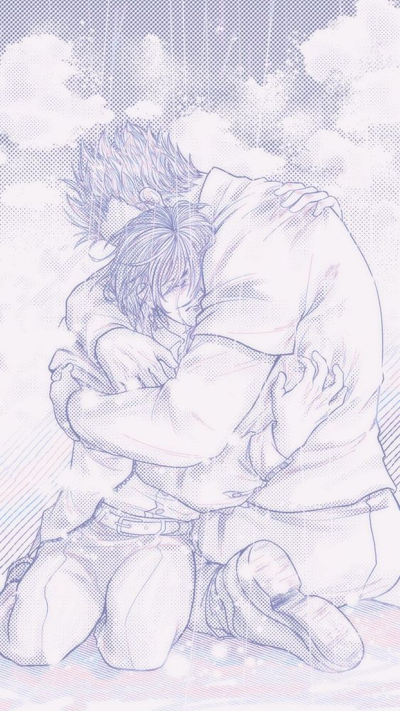 illustration of leorio and kurapika hugging while sitting on the floor. Kurapika looks deeply pained, and he is holding onto leorio tightly. Leorio is hugging him protectively. It is raining.
