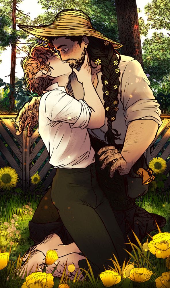 Illustration of bilbo and thorin from the hobbit. They are both kneeling on a garden, surrounded by yellow poppies. Thorin has his hands really dirty, and he looks surprised as bilbo kisses him, holding his face gently. It is almost sunset, they are bathed by golden light.