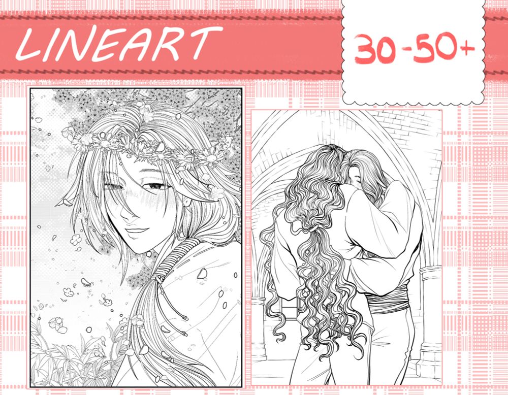 lineart 30 to 50+ dollars, and two image examples of my work