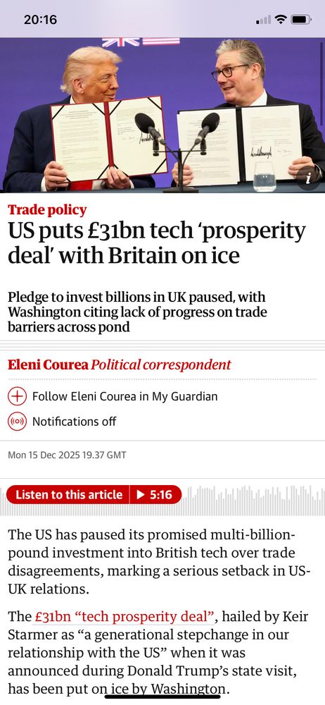 A screen shot of the guardian saying that due to  lack of progress on lowering other trade barriers US “commitments” to spend on tech in the UK are on ice.  It also shows two moles who have in their hands pieces of paper.