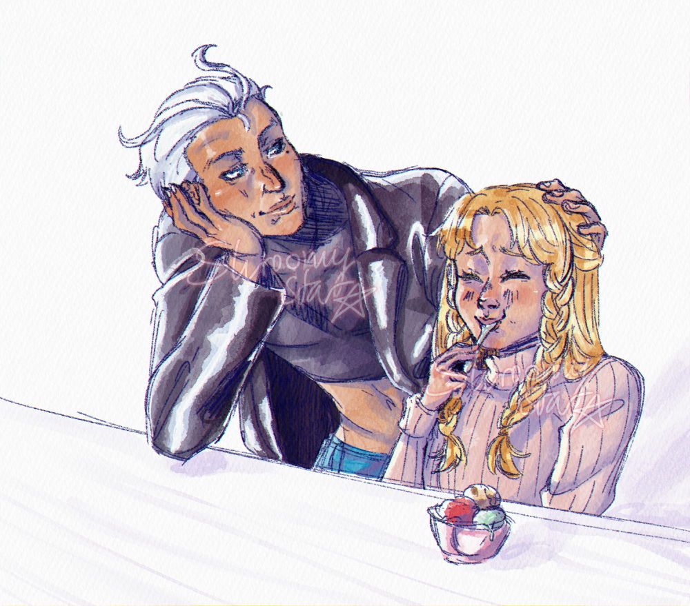 a drawing of pietro maximoff sitting next to his daughter luna in digital watercolors. she's eating ice cream while he's patting her head and smiling at her fondly.