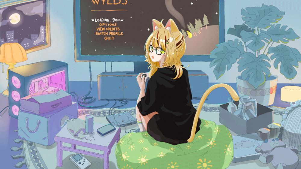 a catgirl in comfy clothes, seated on a light green beanbag chair playing video games in a somewhat messy room with consoles strewn about & a gaming PC