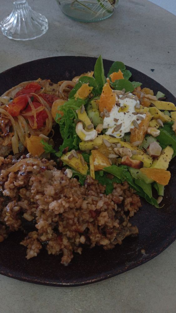 Numa mesa de mármore, no meio um prato marrom está servido: Bisteca acebolada na nata, arroz integral com berinjela e salada de rúcula, pepino, abacate e tangerina, com molho de iogurte e algumas castanhas 