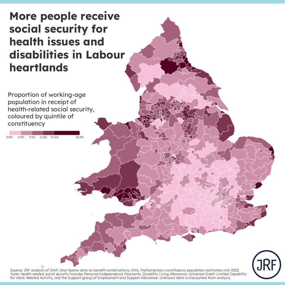 Map showing proportion of working age population in receipt of health related social security, coloured by quintile of constituency. In some coastal areas, south Wales, the North West and Yorkshire and North East, rates are between 15-20%