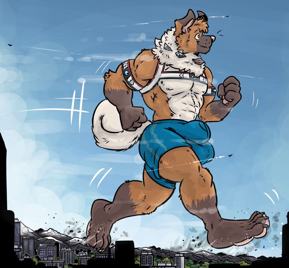 A colossal anthro rockruff (Ruff) jogs past a city, striding over a mountain range in the background. 