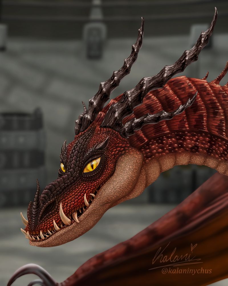 A digital Headshot Art of Hookfang the Monsterous Nightmare from the How to Train your Dragon movies. Covered in red shiny scales, he looks at the camera with his bright yellow eyes