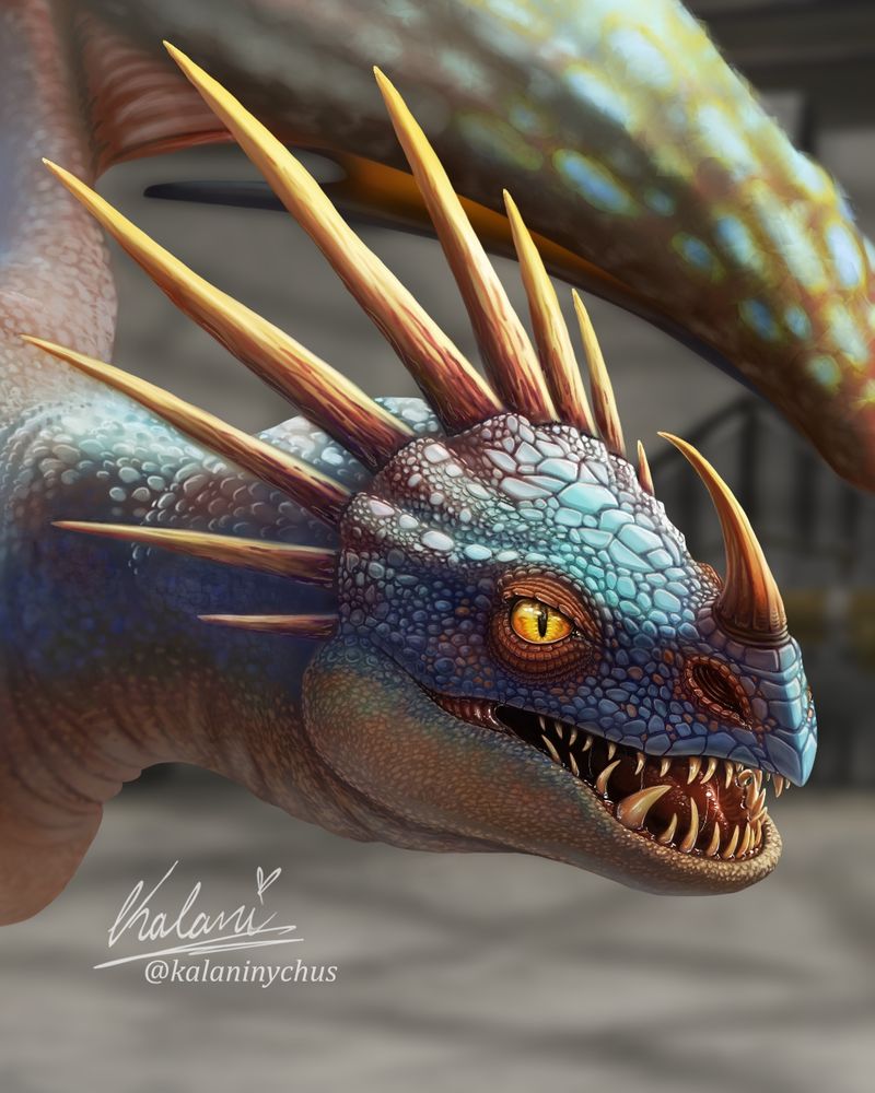 A digital headshot Art of Stormfly the Deadly Nadder, with a blurred background of the training pit from the first How to Train your Dragon movie.