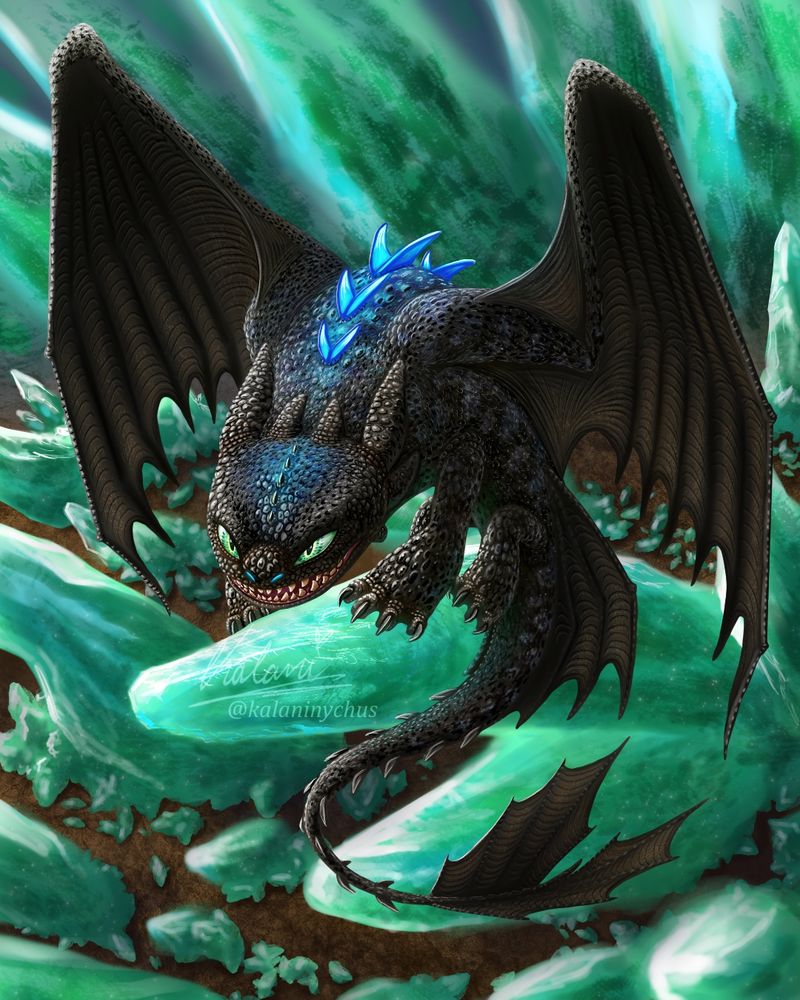 A detailed Fullbody drawing of Toothless the Nightfury from How to Train your Dragon as he challenges the Bewilderbeast like in the second movie! He glares up angrily willing to protect his home.