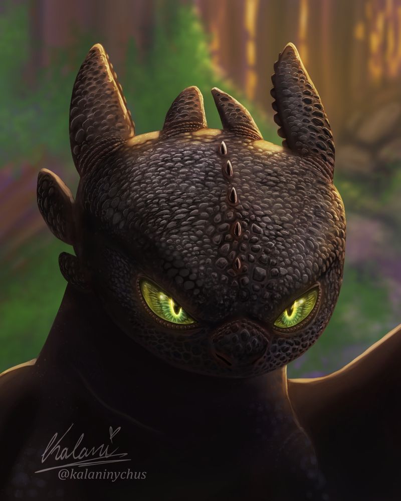 A digital Headshot Art of Toothless the Nightfury from How to Train your Dragon! His expression is mistrusting, glaring angrily at the camera, his green eyes shine in contrast to his dark scales