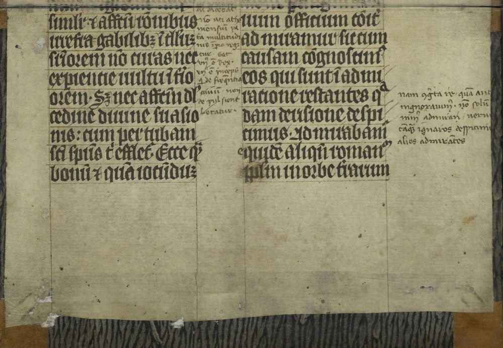 Hinterer Buchspiegel des Bandes Inc 293, „De modo perveniendi ad veram et perfectam Dei et proximi dilectionem“. Darauf verleimt ein Teil einer älteren Pergament-Handschrift: Dante Alighieris „De Monarchia“.