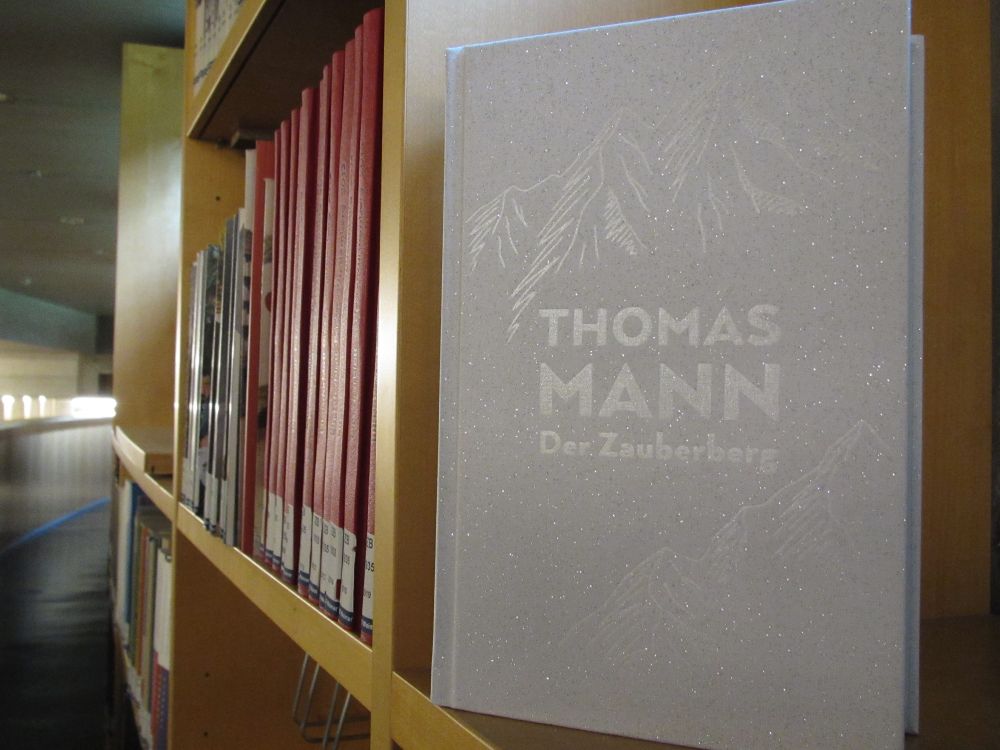 Das Buch "Der Zauberberg" von Thomas Mann in einer Ausgabe mit grauem festen Einband; Titel und Verfasser sind in weißer Schrift aufgebracht, ergänzt von schemenhaft angedeuteten Bergen.
Das Buch steht aufrecht in einem Bücherregal im Lesebereich Park der Herzogin Anna Amalia Bibliothek.