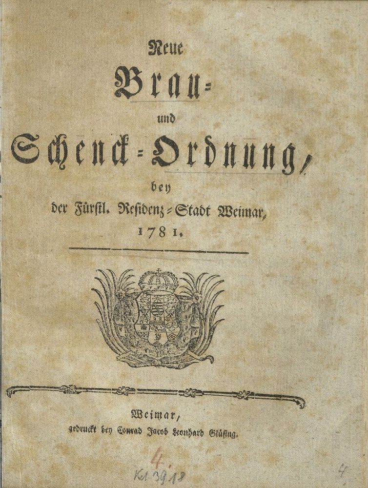 Titelblatt der "Neue Brau- und Scheck-Ordnung bey der Fürstl. Residenz-Stadt Weimar, 1781".