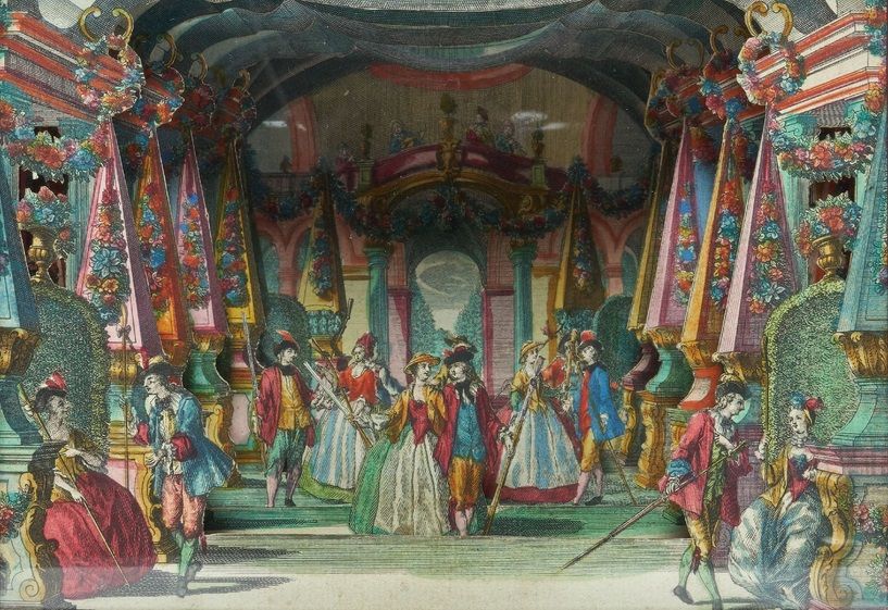 Das Diorama „Ein Garten“ zeigt die Festszene einer Adelsgesellschaft in ländlicher Verkleidung beim Tanz vor der Architekturkulisse eines Lustschlösschens mit reicher Dekoration.