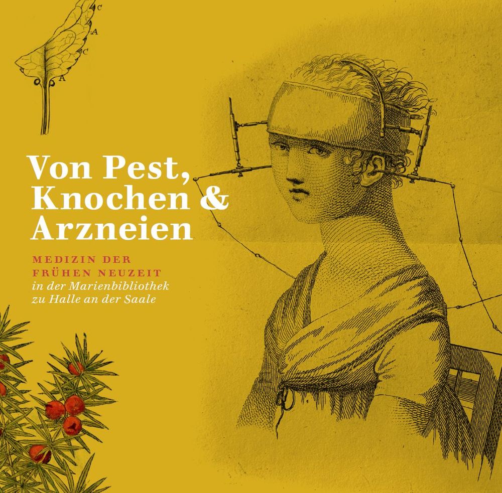 Zu sehen ist das gelbe Buchcover u.a. mit der historischen Abbildung der Behandlung einer Patientin mittels Voltascher Säule. 