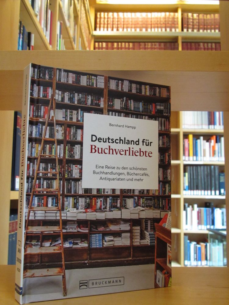 Dargestellt ist das Buchcover mit einem übervollen, hohen Bücherregal und imposanter Bibliotheksleiter.