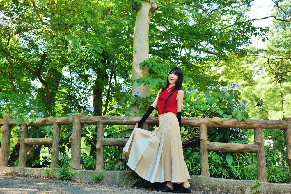 よく晴れて気温がとても上昇した6月終わりのある日の東京吉祥寺の井の頭公園で まだ少し残るアジサイの花の前に立つ女性