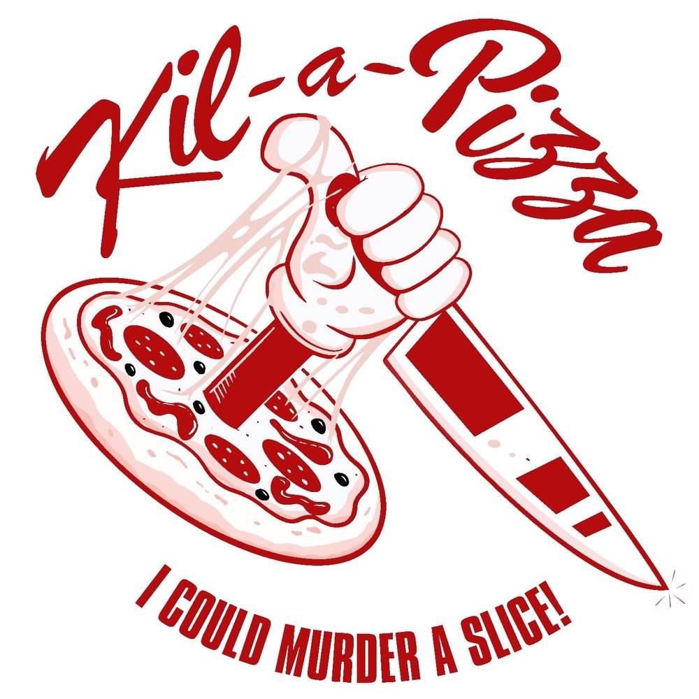 Kil-a-Pizza - I could murder a slice!
A cartoon hand bursts from a pizza wielding a knife while giving a jaunty thumbs-up.
Huzzah!