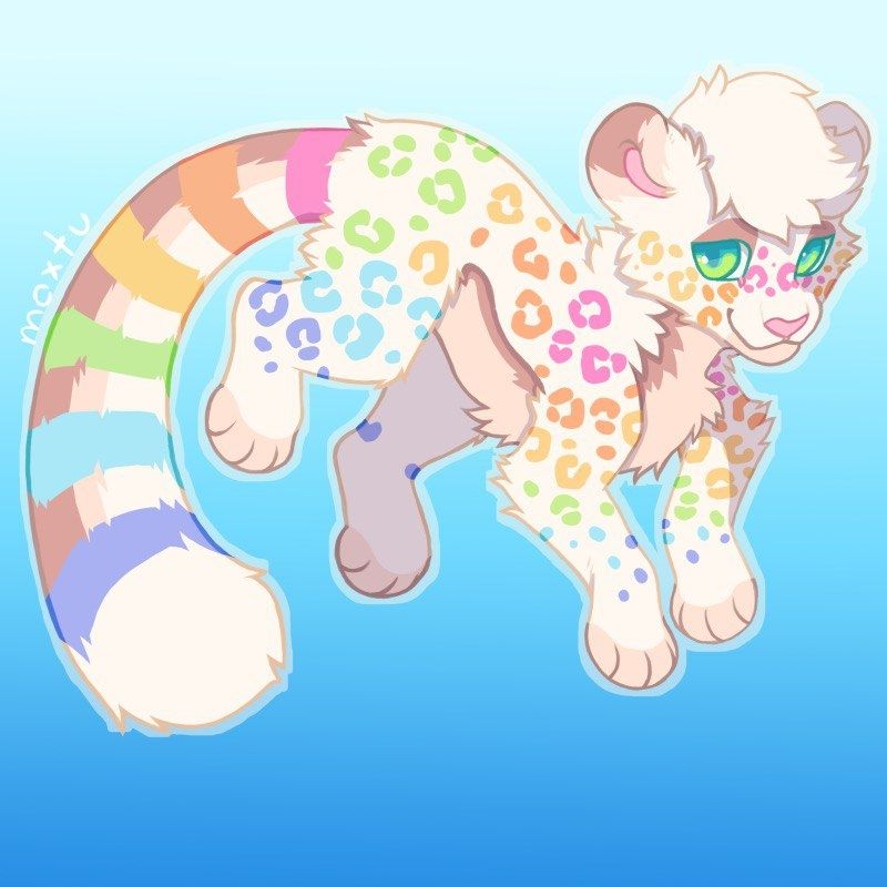 OC of Fauve on a floating pose on a blue gradient background.
The character is a feral feline similar to a leopard, with a beige base colour and a rainbow  spot pattern (pink, orange, yellow, green, blue, purple). The fluffy tail shows six stripes, one of each colour.