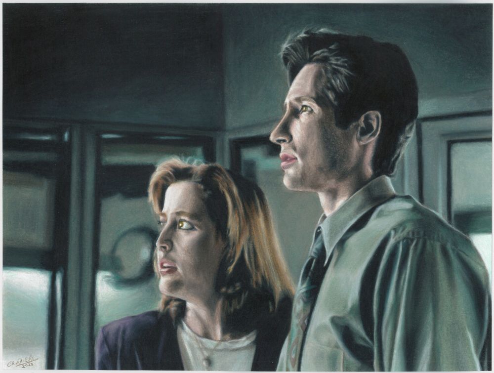 Colored pencil drawing of The X-Files characters Mulder and Scully looking upward at something out of frame.