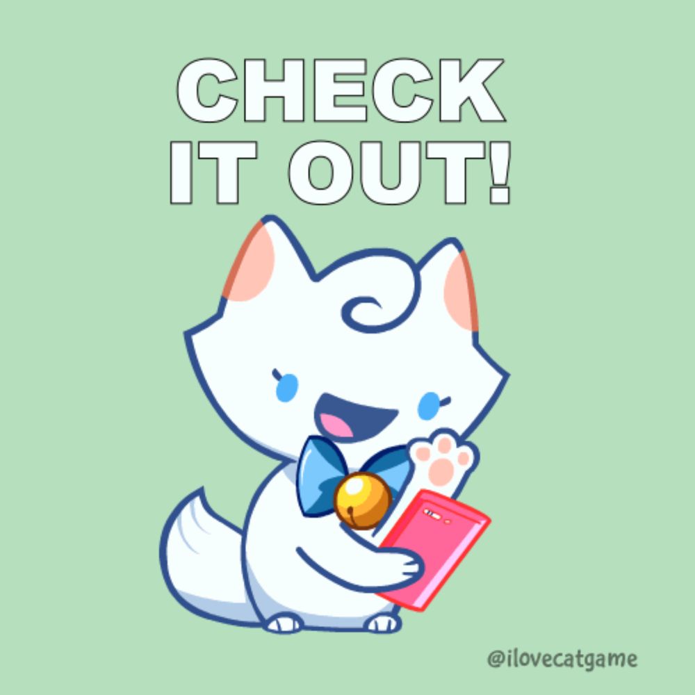 a cartoon of a cat holding a cell phone with the words check it out written above it