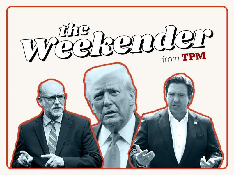 Trump, Desantis, and Vought on the background image of the Weekender on Talking Points Meo