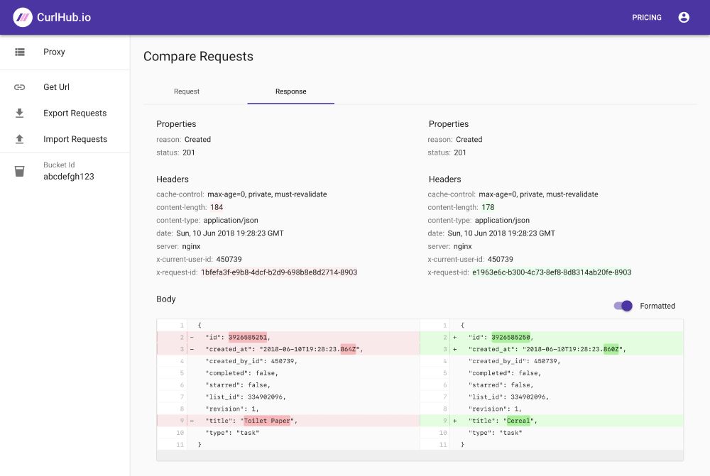 Screenshot of CurlHub's "Compare Requests" functionality.