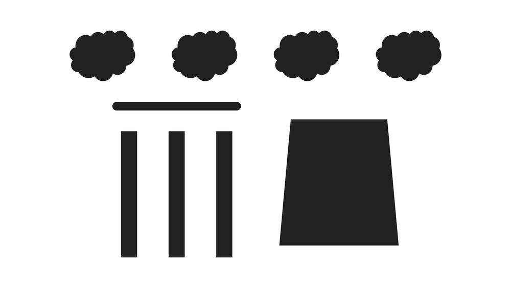 A black and white image displays a simplified, symbolic representation of a structure. Above a horizontal line, four stylized, fluffy shapes are arranged horizontally. Below the line and to the left, three vertical bars stand parallel to each other. To the right of these bars, a solid black trapezoid is positioned.