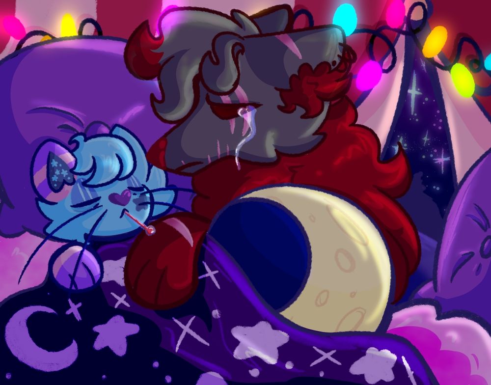 Drawing of a cartoon wolf sadly comforting a sick cartoon cat in a circus tent.