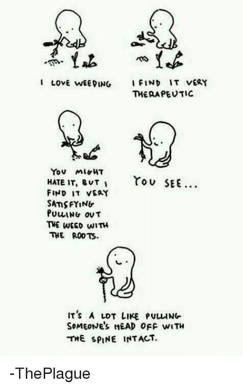Simple drawings of a person weeding with the lines:

I LOVE WEEDING 

I FIND IT VERY THERAPEUTIC 

YOU MIGHT HATE IT, BUT I FIND IT VERY SATISFYING PULLING OUT THE WEED WITH THE ROOTS.

YOU SEE...

IT'S A LOT LIKE PULLING SOMEONE'S HEAD OF WITH THE SPINE INTACT.