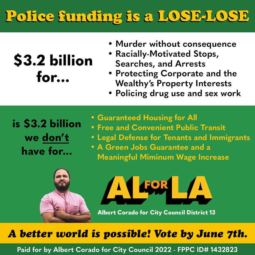 LOL remember when the LAPD budget was just $3.2 billion

A mediocrely designed infographic (from yours truly) that said "Police funding is a lose-lose. $3.2B for... 
-murder without consequence
-racially-motivated stops, searches, and arrests
-protecting corporate and the wealthy's property interests
-policing drug use and sex work

is $3.2B we don't have for...
-guaranteed housing for all
-free and convenient public transit
-legal defense for tenants and immigrants
-a green jobs guarantee and a meaningful minimum wage increase