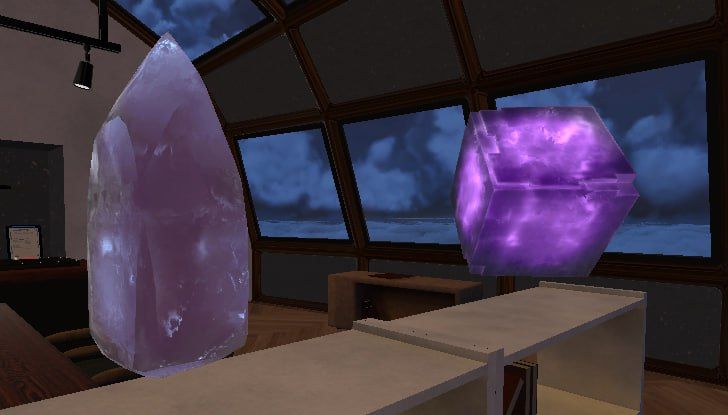 On the left side of the frame a small spire crystal of dark purples, a book case below and on the far right a cube made of amethyst 