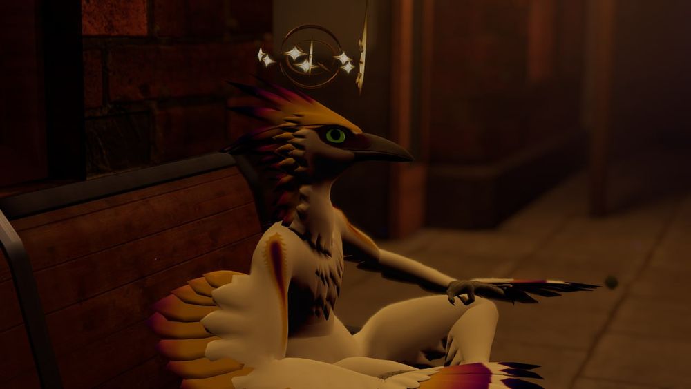 An anthropomorphic phoenix avatar sits in a bench in a dimly lit train station. There is a gold halo of stars hovering overhead.