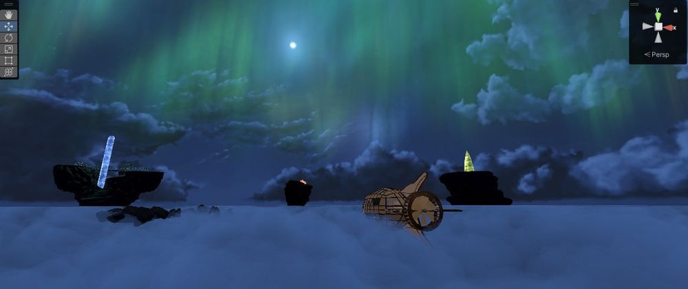 Along the bottom of the frame there are rolling clouds, there are several stone islands with colorful crystals, a propeller driven airship is in the center of the frame, a colorful aurora is over head in a night sky