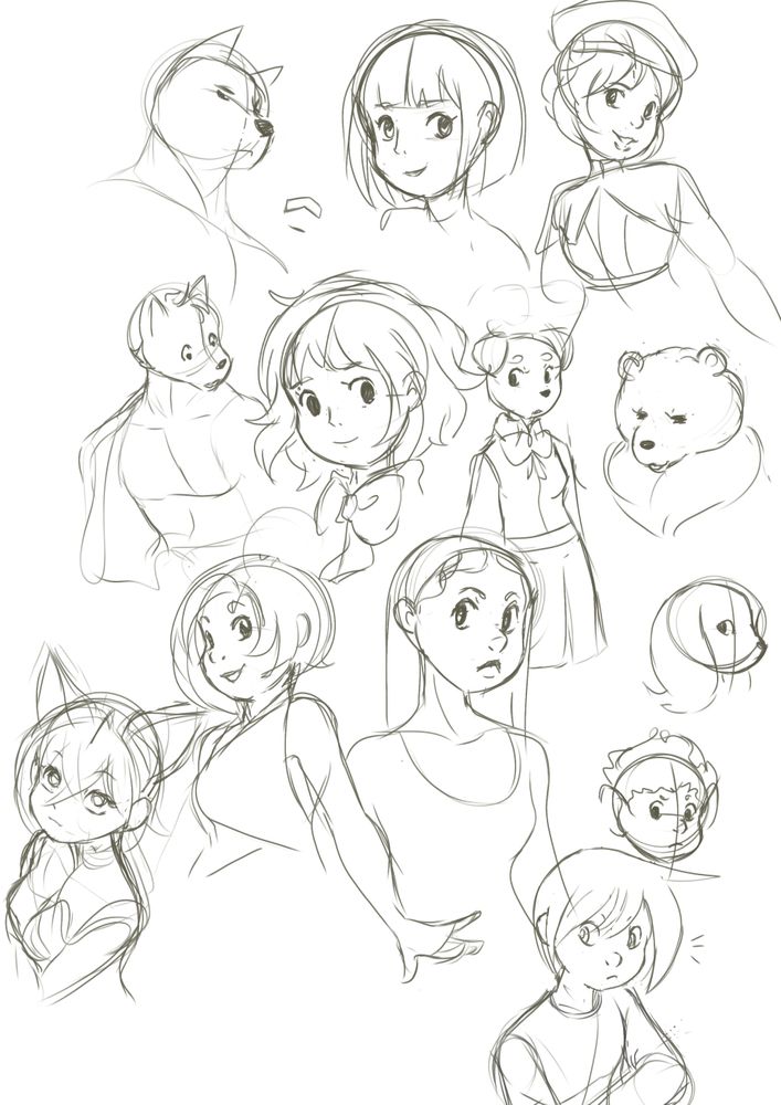 a series of black and white digital sketches of various unfinished figures.