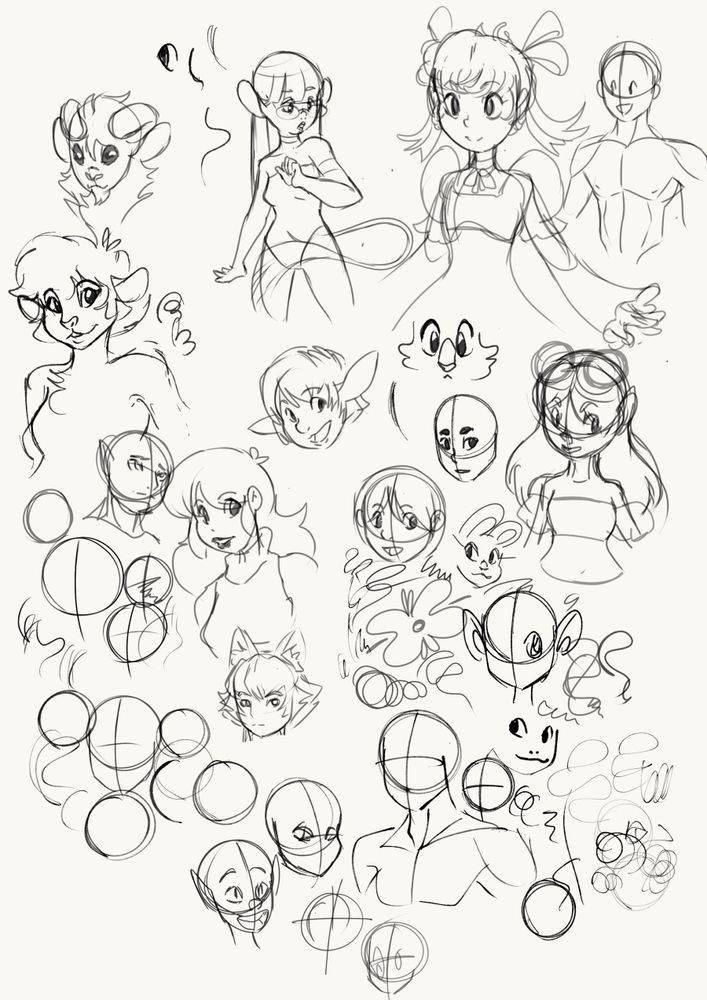A series of half finished sketches of various characters in black and white.