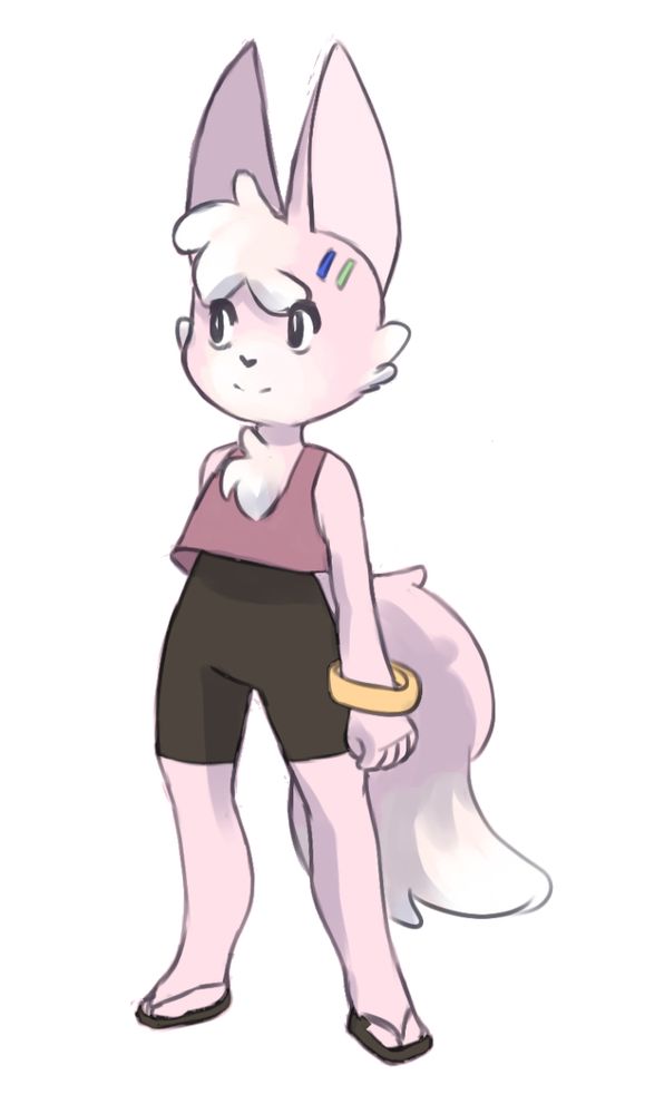 A pink fox person in a mauve cropped tank top with dark brown short leggings. They are wearing black sandals, a yellow bracelet and two hair clips, one in green and the other in blue.